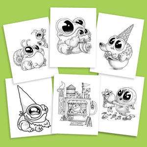 A collection of whimsical black and white Morning Scribbles sketches featuring cute cartoon characters from the Frogs & Friends Digital Coloring Book, Vol. 2 by Bindlewood Shop, including an animal with big eyes, an ice cream cone with a face, a character in a gnome hat.