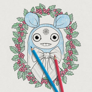A whimsical drawing of a Holly Jolly Dust Bunny character with large eyes and a bow, surrounded by a festive holly berry wreath, on cardstock suggesting a printable greeting card activity from Bindlewood Shop.