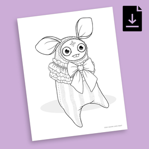 The FREE! Dust Bunny Coloring Page features a whimsical creature with large eyes, long ears, and a wide smile. Designed by Amanda L Spayd, it wears a sweater with a big bow and stands on pointy feet. The plain purple background has a download arrow icon at the top right.