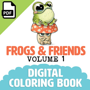 Illustration of a cute frog on a mushroom with a smile. Text says "Frogs & Friends Digital Coloring Book, Vol. 1" by Chris Ryniak with a PDF download icon in the top left corner.