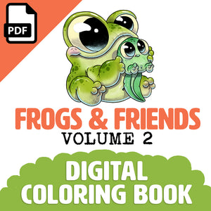 Adorable cartoon frog featured on the cover of Bindlewood Shop's 'Frogs & Friends Digital Coloring Book, Vol. 2' downloadable coloring book.