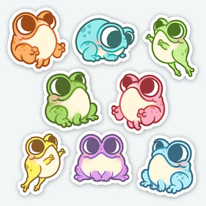 A collection of adorable, cartoon-style frog stickers designed by Chris Ryniak in various pastel colors and playful poses from the "Frogs" Mini Sticker Set by Bindlewood Shop.