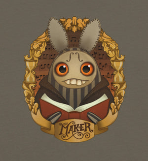 Illustration of the main character from The Maker short film, holding a book, surrounded by decorative elements and music notes on a brown background.