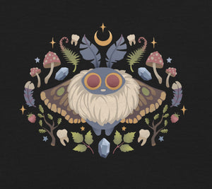 Decorative design with a moth mushrooms, leaves, and celestial elements on a black background