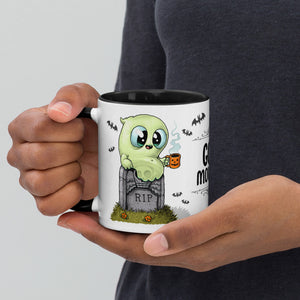 A person holding a dishwasher-safe, Halloween-themed ceramic Good Mourning Mug with a cute ghost illustration by Chris Ryniak, the text "rip" on a tombstone, and "creep it real" by Bindlewood Shop.