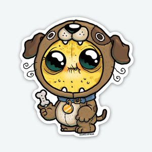 Sentence with replaced product: Dogsuit Sticker of a cute cartoon dog with big eyes, wearing a collar with a tag, holding a bone. Its brown and white fur is detailed, and it has patches on its head and body from Bindlewood Shop.