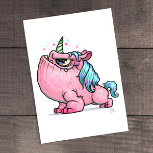 A quirky illustration of a plump pink unicorn with a whimsical expression, standing against a wooden background, reminiscent of the "Magical Grumpicorn" Print by Chris Ryniak.