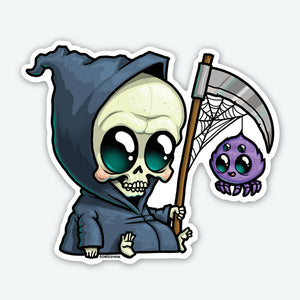 A Lil' Reaper sticker design featuring a cartoon skeleton wearing a hooded cloak, holding a scythe with a spider web and a purple spider, with a playful and spooky style from Bindlewood Shop.