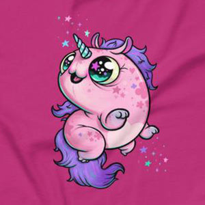 A cute, chubby unicorn character with a pink body, purple mane and tail, and a blue horn. The unicorn has big, sparkling green eyes and is surrounded by small, colorful stars. The background is a bright magenta color. Inspired by Chris Ryniak's Flooficorn, the Floofy Unicorn Magic Tee from Bindlewood Shop is perfect for a cozy shirt in any gender-neutral fit.