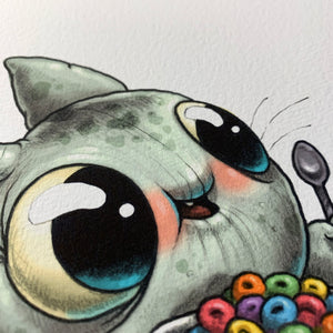 A close-up illustration of a chubby grey cat with big, glossy eyes peacefully napping beside a bowl of colorful cereal loops and a spoon, an artwork evoking the whimsical fantasy characteristic of Chris Ryniak's "Sugar Junk" Print.