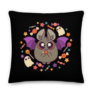 Introducing the Candy Bat Throw Pillow from Bindlewood Shop! This premium-feel decorative pillow showcases Amanda Louise Spayd's adorable Candy Bat, complete with large eyes, lavender wings, and blushing cheeks holding a piece of candy. Accented with colorful candies, stars, and two friendly white ghosts on a black background—perfect for Spooky Season decor!