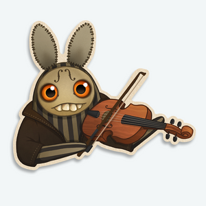 An illustrated character with rabbit ears and a wide grin playing "The Maker" Violin Sticker, exuding a quirky and whimsical vibe, straight out of Thimblestump Hollow from Bindlewood Shop.