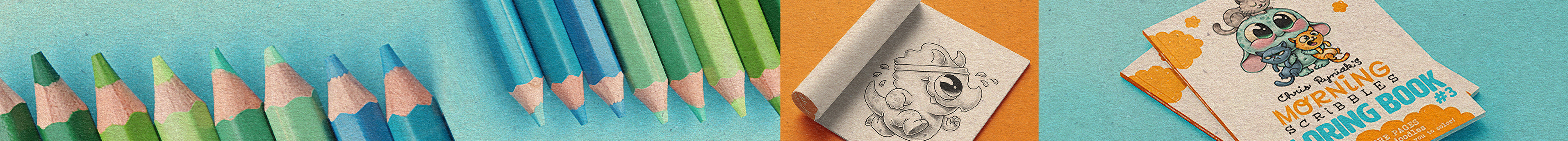 banner about coloring books, features colored pencils and drawings