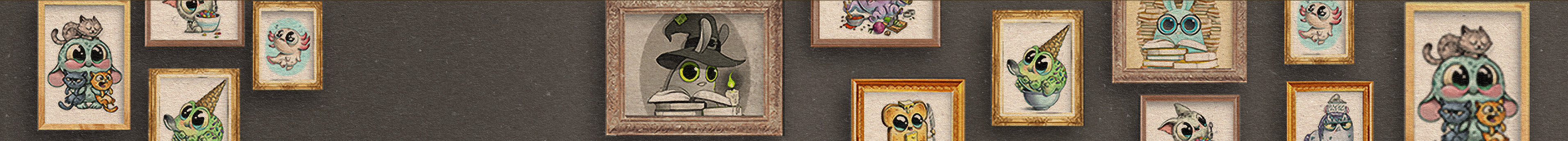 A row of framed illustrations featuring whimsical, anthropomorphic plants and objects arranged on a brown wall, with one central frame depicting a hat, books, and glasses.