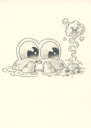 A cute, cartoonish frog with large, shiny eyes and a content smile is partially submerged in water. Bubbles rise next to the frog, forming a playful cloud shape with an adorable bear face. This intricate piece, titled "Original Drawing #1251" by Chris Ryniak, is skillfully rendered in grayscale using graphite on paper.