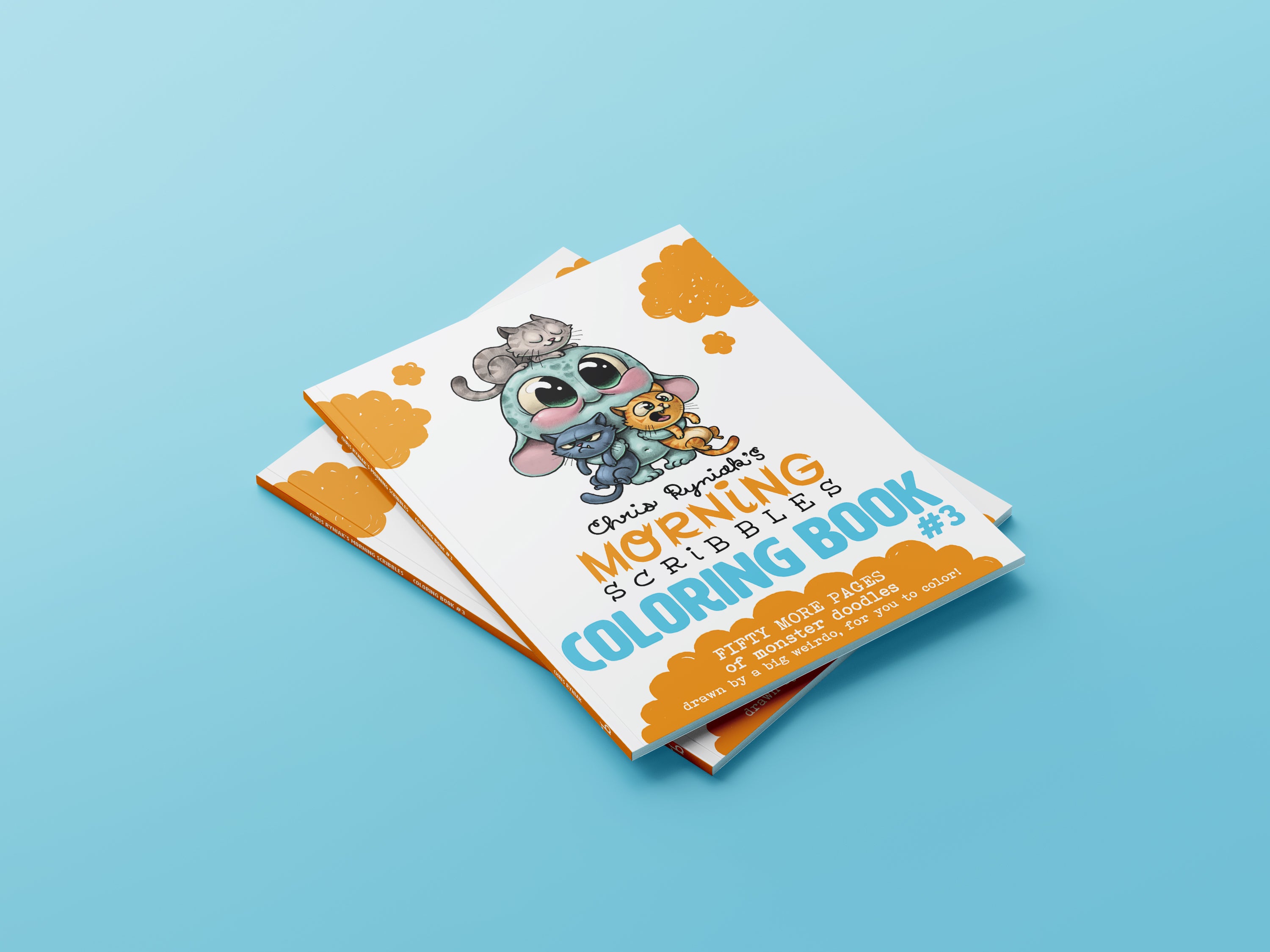 A stack of colorful children's coloring books with a cute koala character from the "Morning Scribbles Coloring Book #3" by Bindlewood Shop on the cover, displayed against a plain blue background
