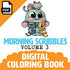 The cover of Chris Ryniak's "Morning Scribbles Digital Coloring Book, Vol. 3" features a cartoonish blue creature with big eyes and colorful cats. Available as a vibrant PDF download, this digital edition promises whimsical fun for coloring book fans.