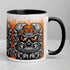 The Krabb Mug by Bindlewood Shop is a white ceramic mug with a black handle, showcasing a detailed, angry crab monster illustration inspired by Chris Ryniak in striking black and orange hues against an orange splatter background—an ideal addition to any monster mug collection.