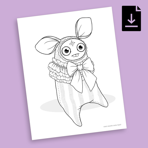 The FREE! Dust Bunny Coloring Page features a whimsical creature with large eyes, long ears, and a wide smile. Designed by Amanda L Spayd, it wears a sweater with a big bow and stands on pointy feet. The plain purple background has a download arrow icon at the top right.