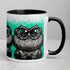 Introducing the Tode Mug by Bindlewood Shop—a collectible white ceramic mug with a black handle, featuring a cartoon-style, big-eyed toad illustration on a teal splatter background. Perfect for fans of Chris Ryniak monster mugs and quirky designs!.