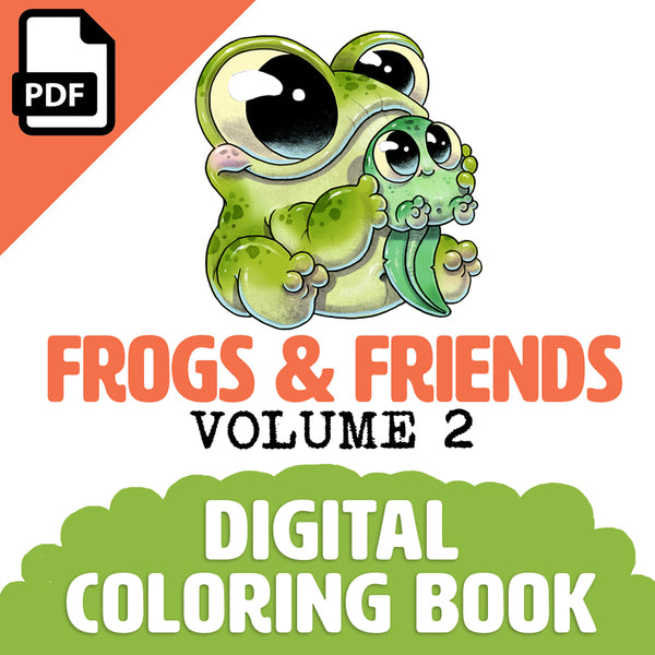 Digital illustration cover of Chris Ryniak's "Frogs & Friends Digital Coloring Book, Vol. 2" features an adorable, wide-eyed cartoon frog with a leaf. Text includes "PDF" and "Digital Coloring Book," complemented by a green cloud design at the bottom.