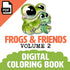 Digital illustration cover of Chris Ryniak's "Frogs & Friends Digital Coloring Book, Vol. 2" features an adorable, wide-eyed cartoon frog with a leaf. Text includes "PDF" and "Digital Coloring Book," complemented by a green cloud design at the bottom.