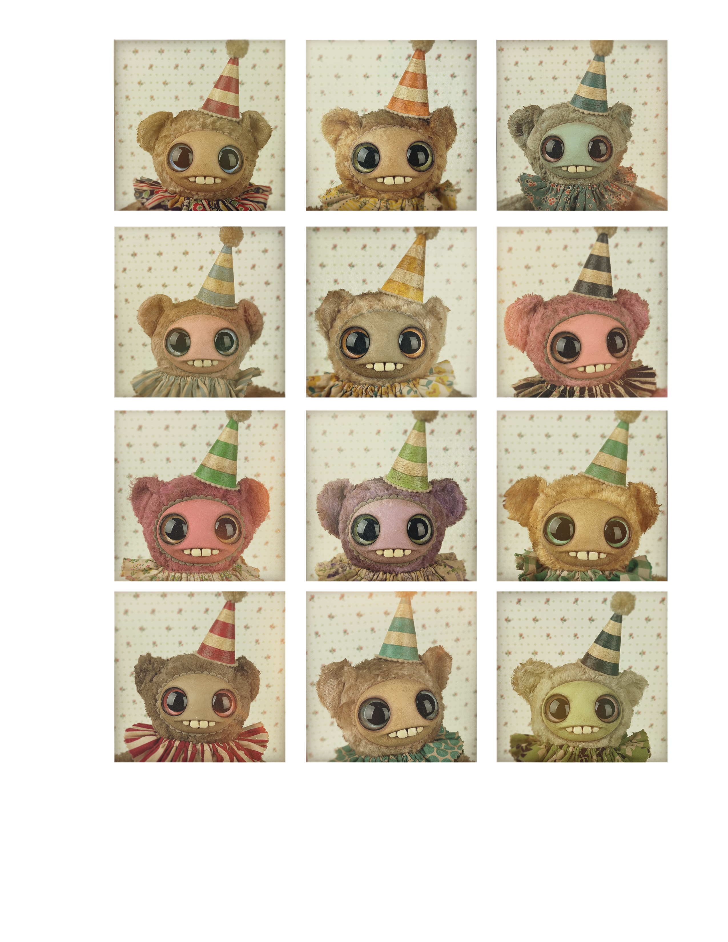 A grid of 12 eerie, vintage-style “Threadbear Adoption” stuffed bear dolls by Bindlewood Shop, each wearing a colorful party hat and ruffled collar, featuring large glass eyes and toothy grins in assorted fur colors, all set against retro dotted backgrounds.