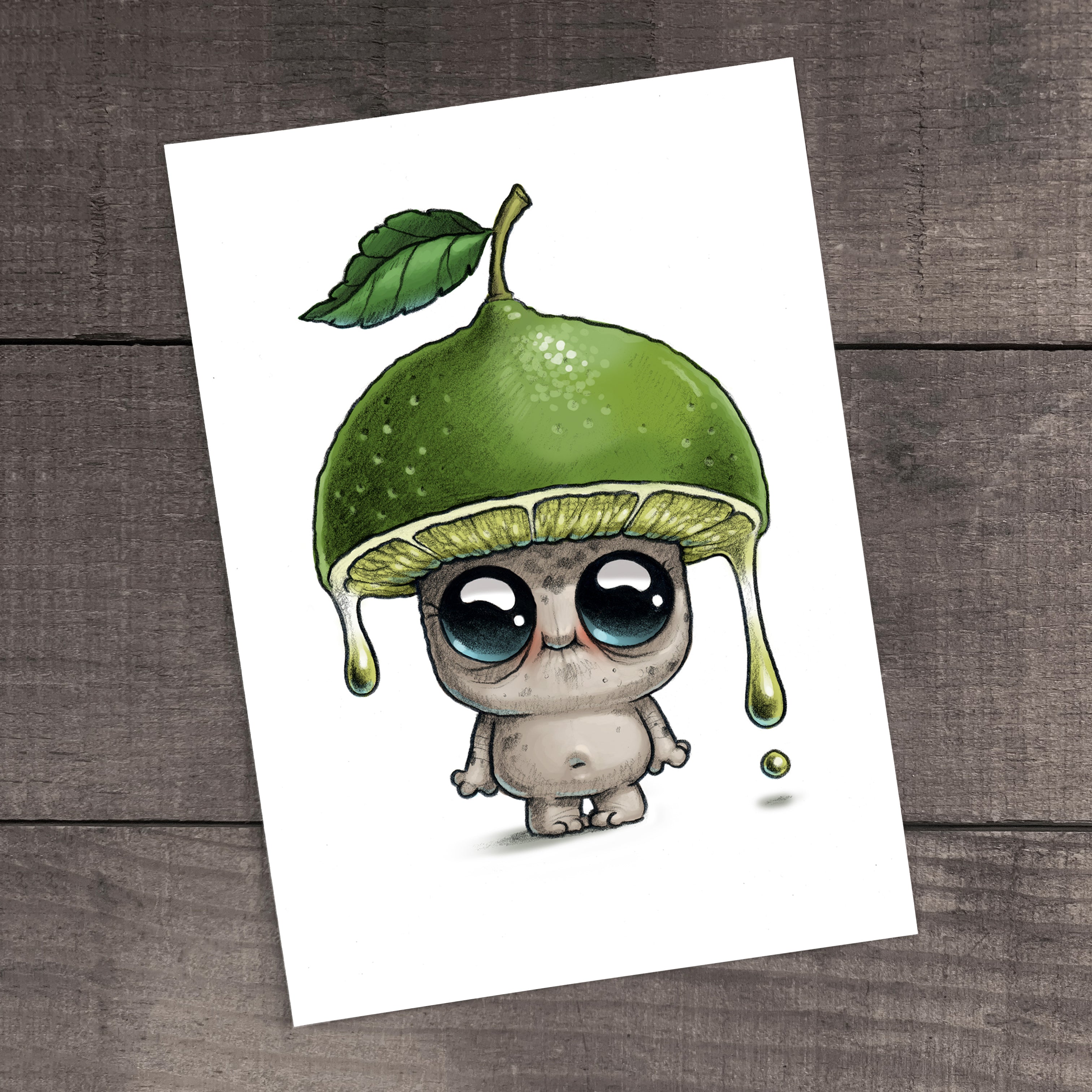 The "Limeboy" Print by Chris Ryniak features a cute, big-eyed character wearing a lime half hat with leaf and dripping juice, standing barefoot on wood. This fine art print captures whimsical charm in signature Ryniak style.