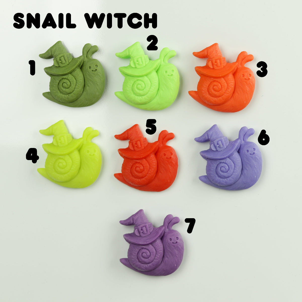 Colorful snail-shaped witch figurines with numbers on a white background