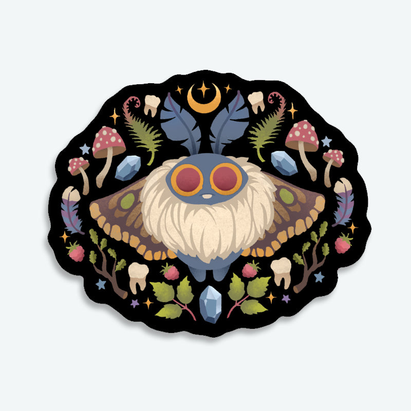 Adorn your space with the Moth Magic Sticker from Bindlewood Shop. This enchanting vinyl sticker features a stylized moth with large red eyes, surrounded by mushrooms, leaves, crystals, and flowers on a black background. A gold crescent moon and stars gracefully arch above its head, adding magical forest vibes. With its smooth matte finish and unique design, this sticker makes for a striking and whimsical accent to any collection.