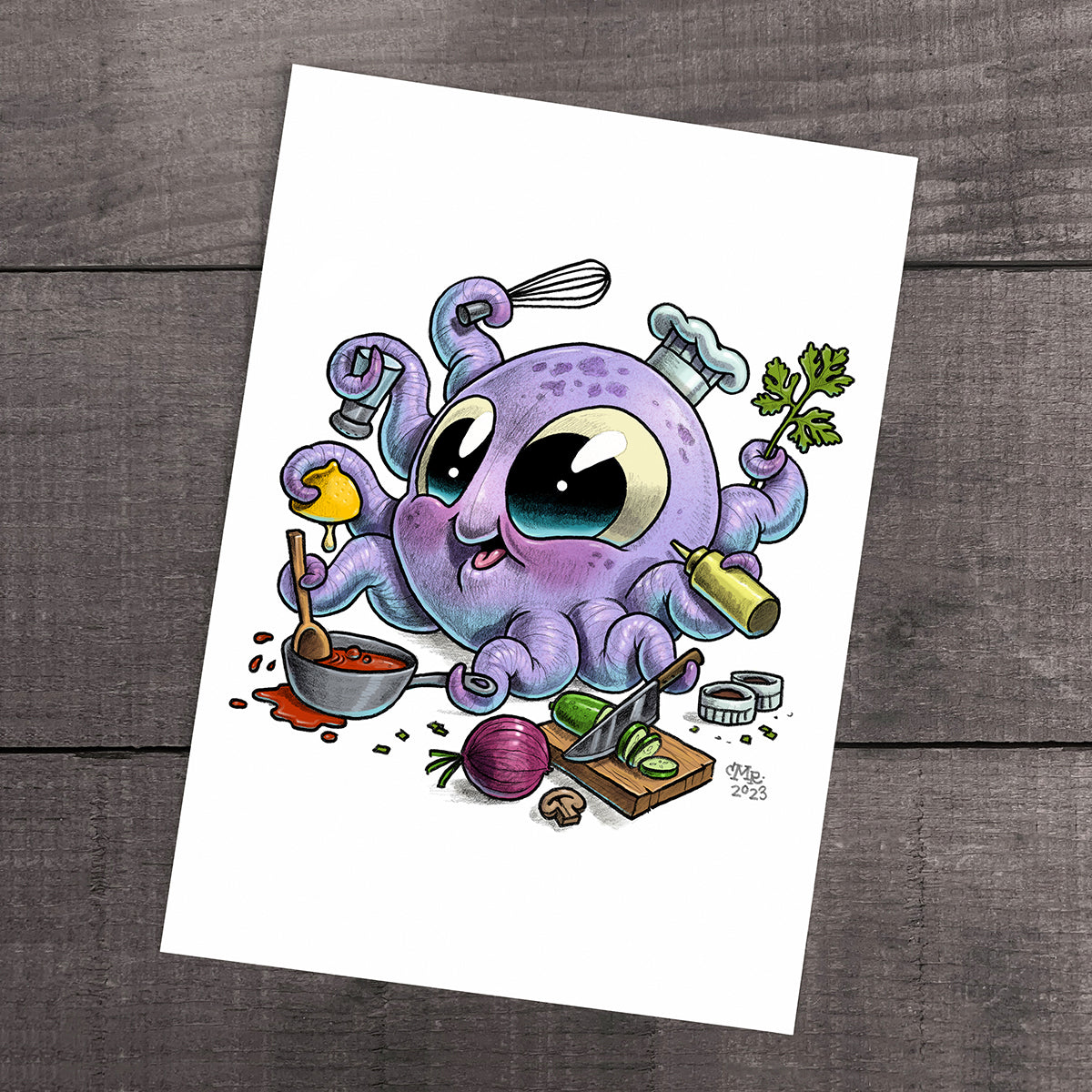 An adorable, chef-themed octopus character, designed by Chris Ryniak and Amanda Spayd for Thimblestump Hollow, happily engaged in culinary activities, surrounded by kitchen utensils featuring the "Octo Chef" Print from Chris Ryniak.