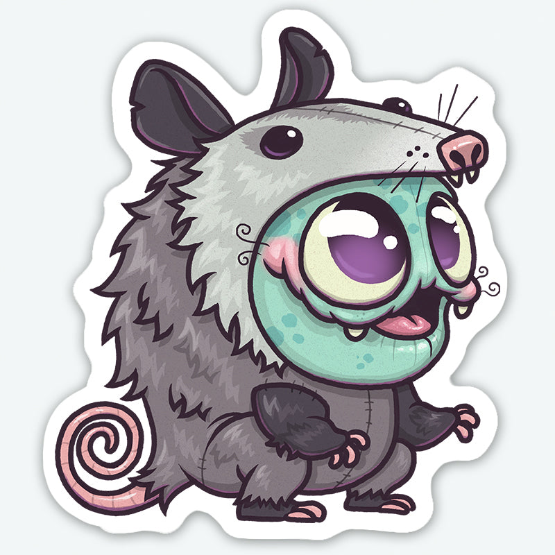 The Opossum Suit Sticker from Bindlewood Shop features a cute cartoon creature with a possum body, big teal eyes, a curly pink tail, small black feet, and a white outline on durable matte vinyl.