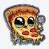 Introducing the Glitter Pizza Boy Sticker from Bindlewood Shop: a charming cartoon pizza slice with big, shiny eyes, clutching a pizza cutter and sporting two pepperoni slices on its cheesy body. It’s outlined with a sparkling, glittery border and finished with a glossy shine—perfect for any pizza lover!.