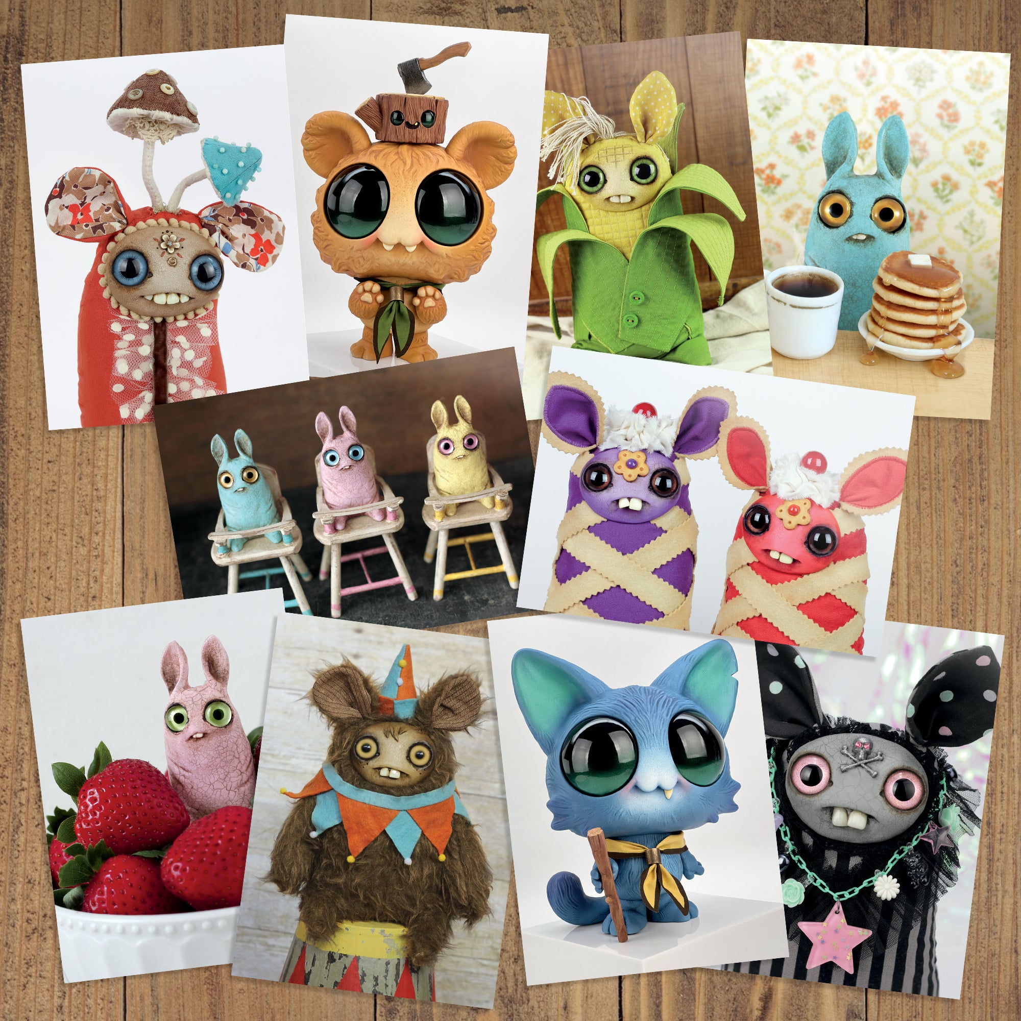 The Bindlewood Postcard Pack from Bindlewood Shop features ten whimsical animal dolls by Chris Ryniak and Amanda Louise Spayd in fun costumes—mushroom, corn, pancake, and more—all with big eyes and joyful expressions.