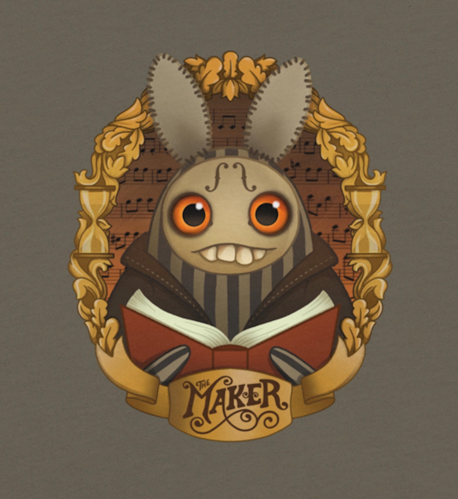Illustration of the main character from The Maker short film, holding a book, surrounded by decorative elements and music notes on a brown background.

