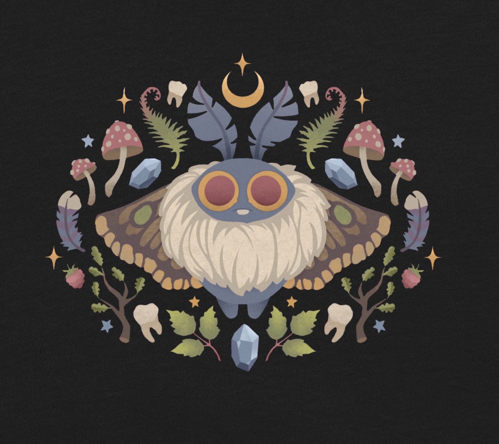 Decorative design with a moth mushrooms, leaves, and celestial elements on a black background