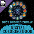 The cover of "Dust Bunnies Zodiac Digital Coloring Book" by Amanda L Spayd features cute dust bunnies representing zodiac signs in a circle on a starry background, with a PDF download icon in the corner.