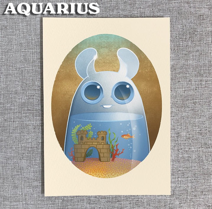 Charming zodiac art print by Amanda Louise Spayd for Bindlewood Shop: a cute blue aquarium-shaped creature with big eyes, rabbit ears, and "AQUARIUS" above, with fish, plants, and sandcastle inside. Printed on archival paper.