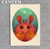 Zodiac Prints by Amanda Louise Spayd from Bindlewood Shop feature a cute cartoon red crab with big eyes and orange claws on an oval with green-blue bubbles. The word "Cancer" appears in bold white at the top left.