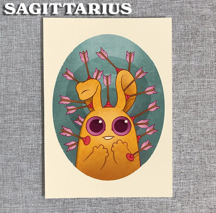 A cute cartoon creature with big eyes and bunny ears is pierced by pink arrows on a teal oval in this Sagittarius zodiac print by Amanda Louise Spayd. Available from Bindlewood Shop, it's playful art perfect for fine art print lovers.