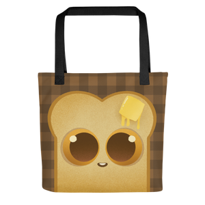 The Toast-Bag Tote from Bindlewood Shop is a durable, quirky bakery bag featuring a cute cartoon toast with big eyes, a smile, and melting butter on brown plaid—perfect for adding fun to your errands.