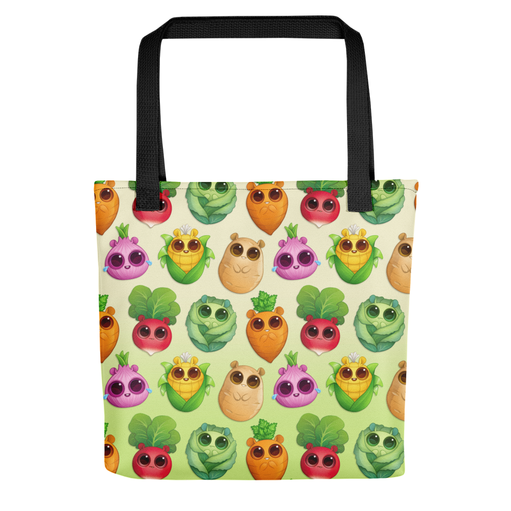 A Bindlewood Shop tote bag with a colorful pattern of cute, anthropomorphized fruits and vegetables with cheerful faces, crafted from durable fabric.