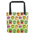 A Bindlewood Shop tote bag with a colorful pattern of cute, anthropomorphized fruits and vegetables with cheerful faces, crafted from durable fabric.
