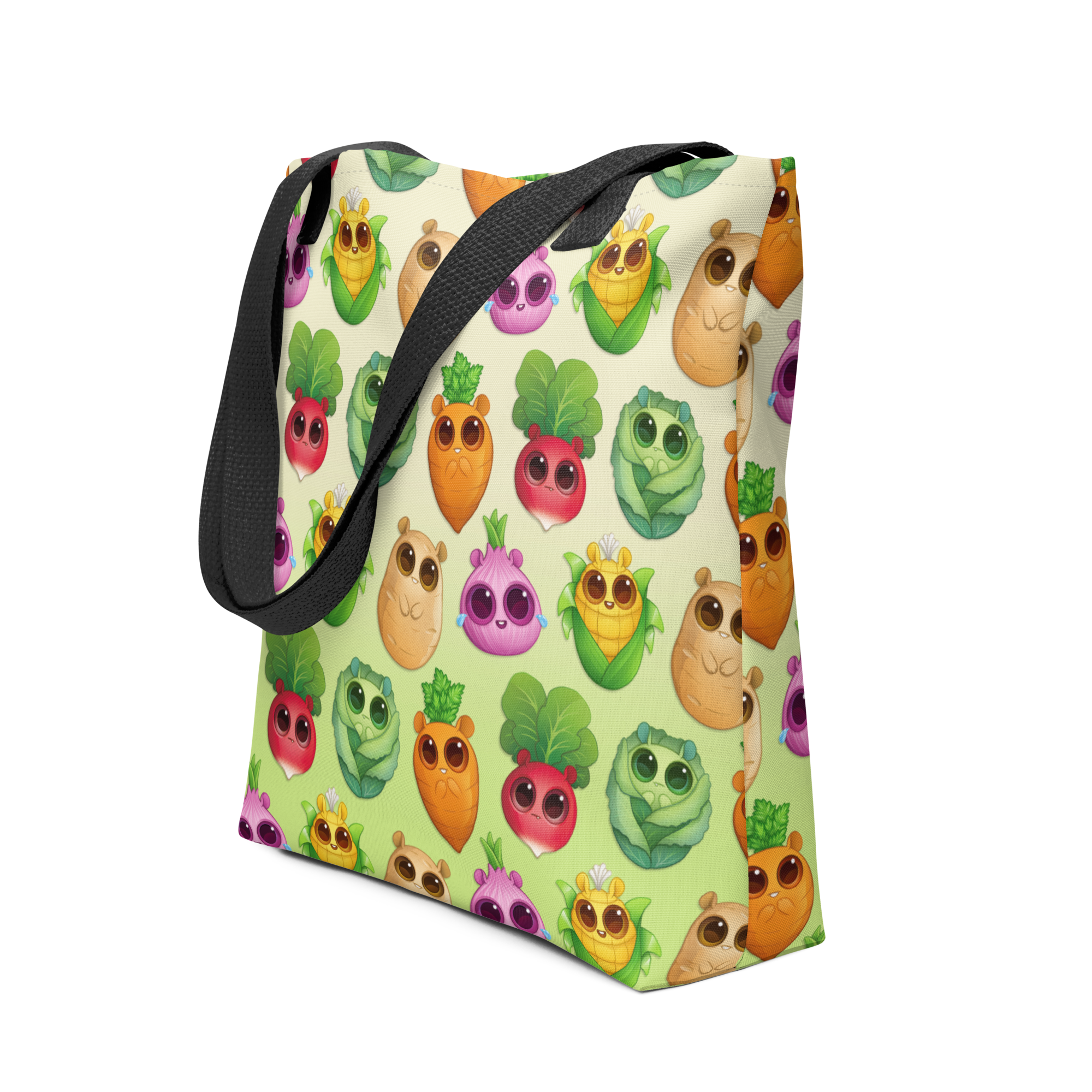 Colorful tote bag with a vibrant All the Veggies Tote pattern of cartoon fruits and vegetables with cute faces on durable fabric from Bindlewood Shop.