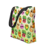 Colorful tote bag with a vibrant All the Veggies Tote pattern of cartoon fruits and vegetables with cute faces on durable fabric from Bindlewood Shop.