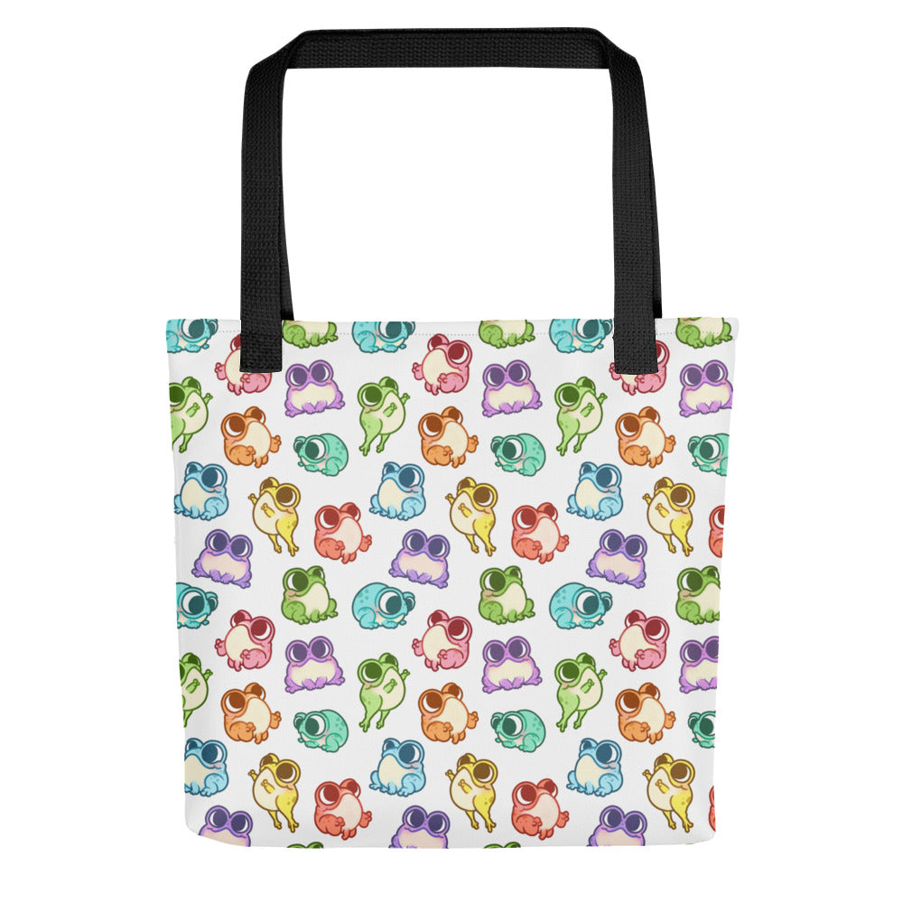 Colorful headphones pattern on a stylish Friendly Frogs Tote made from spun polyester weather-resistant fabric by Bindlewood Shop.