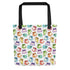 Colorful headphones pattern on a stylish Friendly Frogs Tote made from spun polyester weather-resistant fabric by Bindlewood Shop.