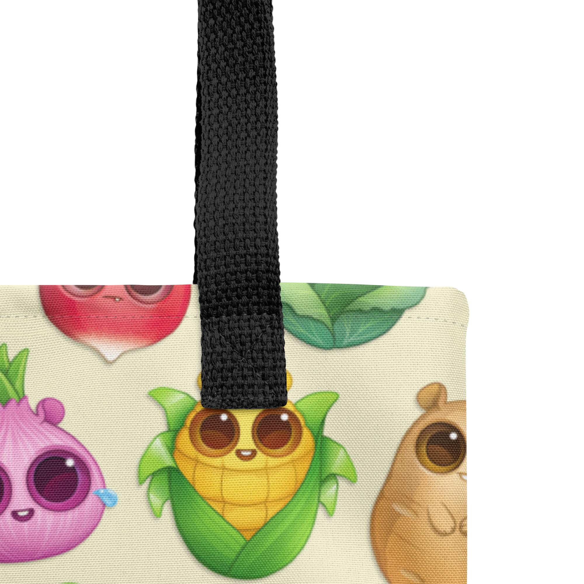 A colorful All the Veggies Tote bag with a quirky design featuring animated fruits and vegetables wearing sunglasses, crafted from durable fabric by Bindlewood Shop.