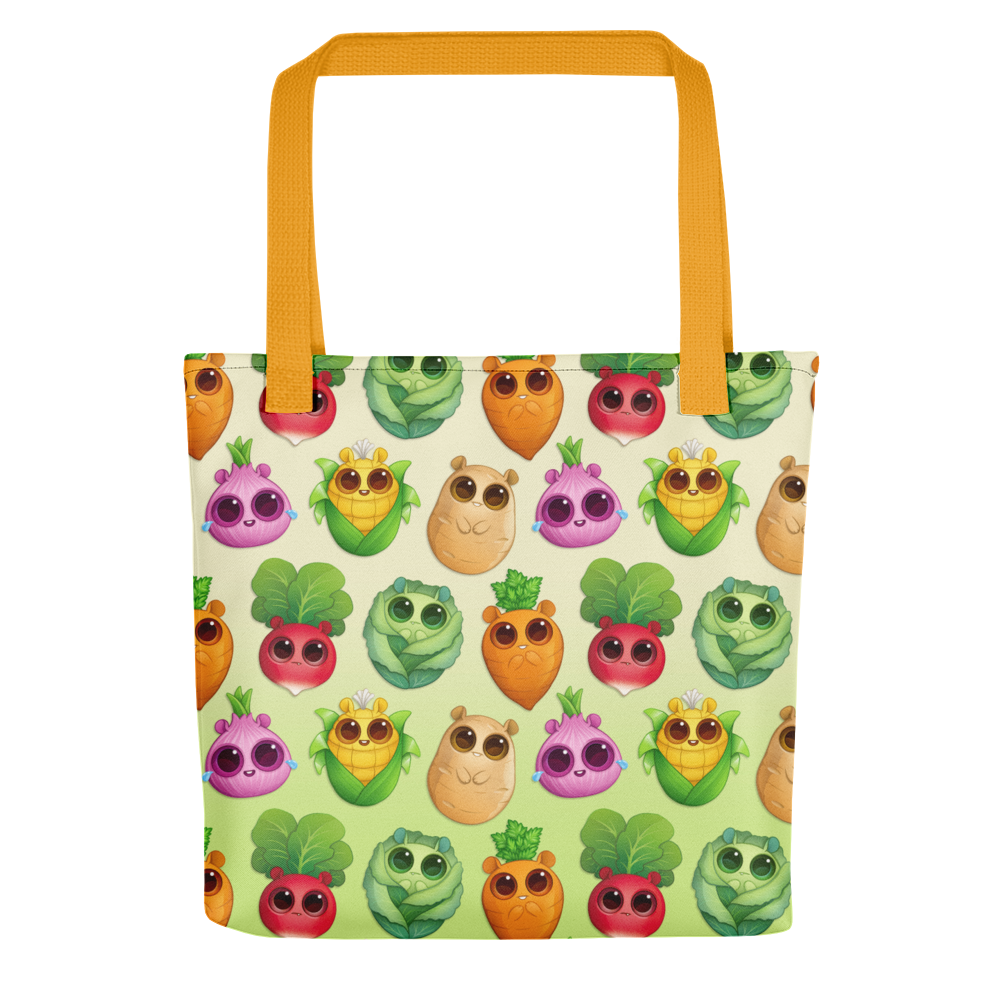 Colorful All the Veggies Tote bag featuring an array of cute, anthropomorphic fruit and vegetable characters on a light background, crafted from durable fabric by Bindlewood Shop.