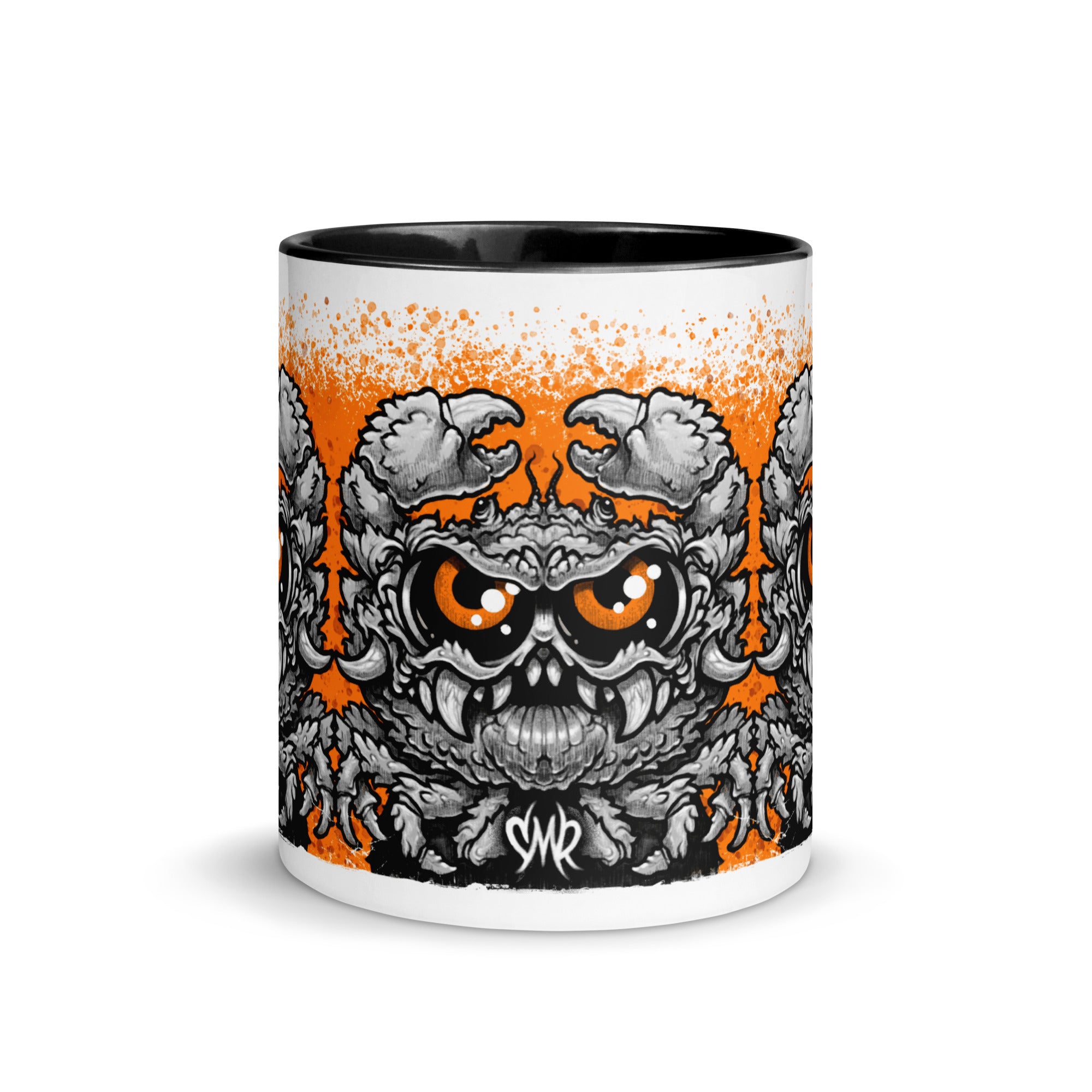 Introducing the Krabb Mug from Bindlewood Shop—a white ceramic mug with a striking black interior, featuring an intricate crab design by Chris Ryniak in bold black, white, and orange tones. The fierce crab’s expressive eyes and detailed claws make this monster mug truly unique. Orange splatters accent the background, with “SMR” printed at the bottom for an extra touch of character.